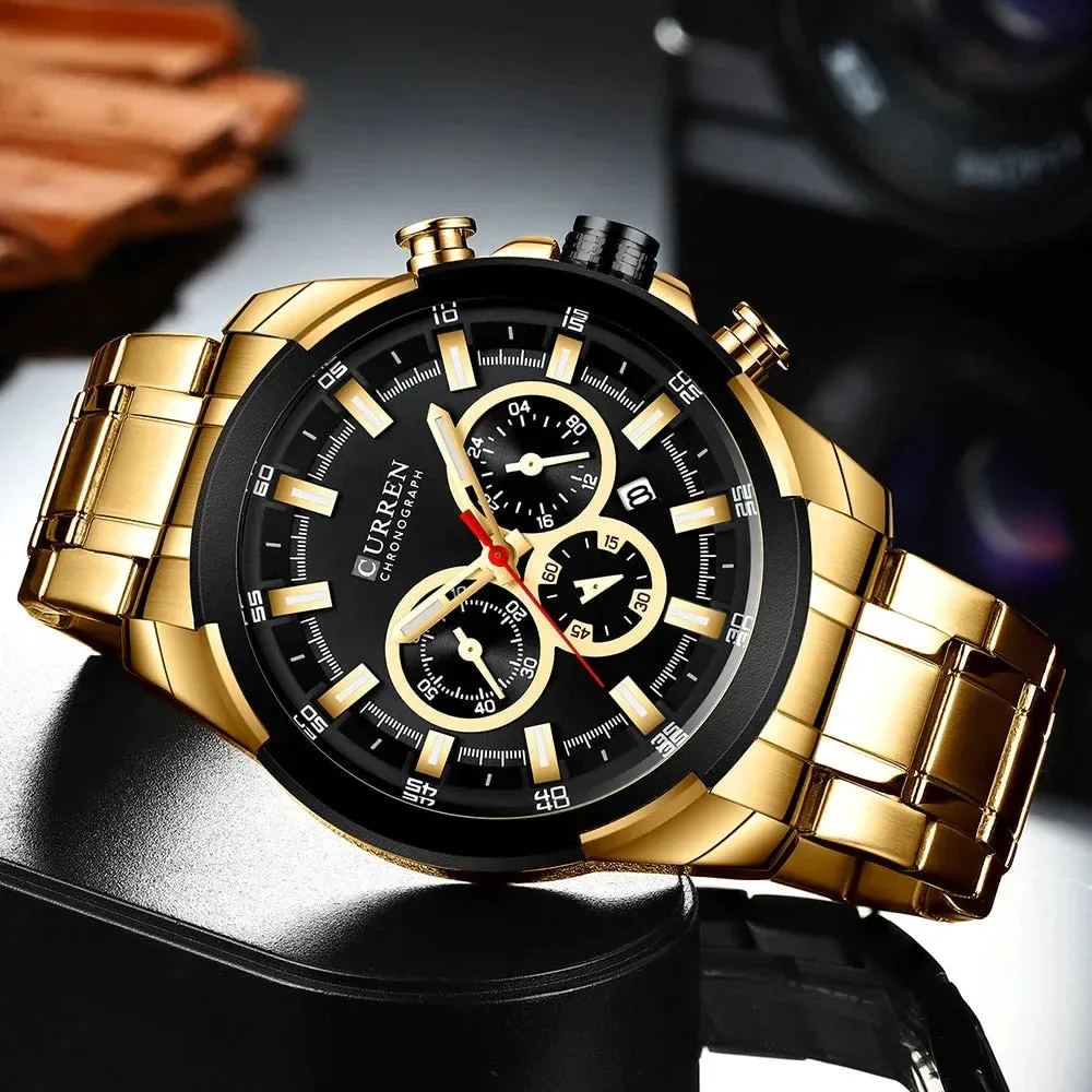 Casual Sporty Wristwatches Stainless Steel Band Chronograph Clock Men's Watches Original Quartz Clock Male
