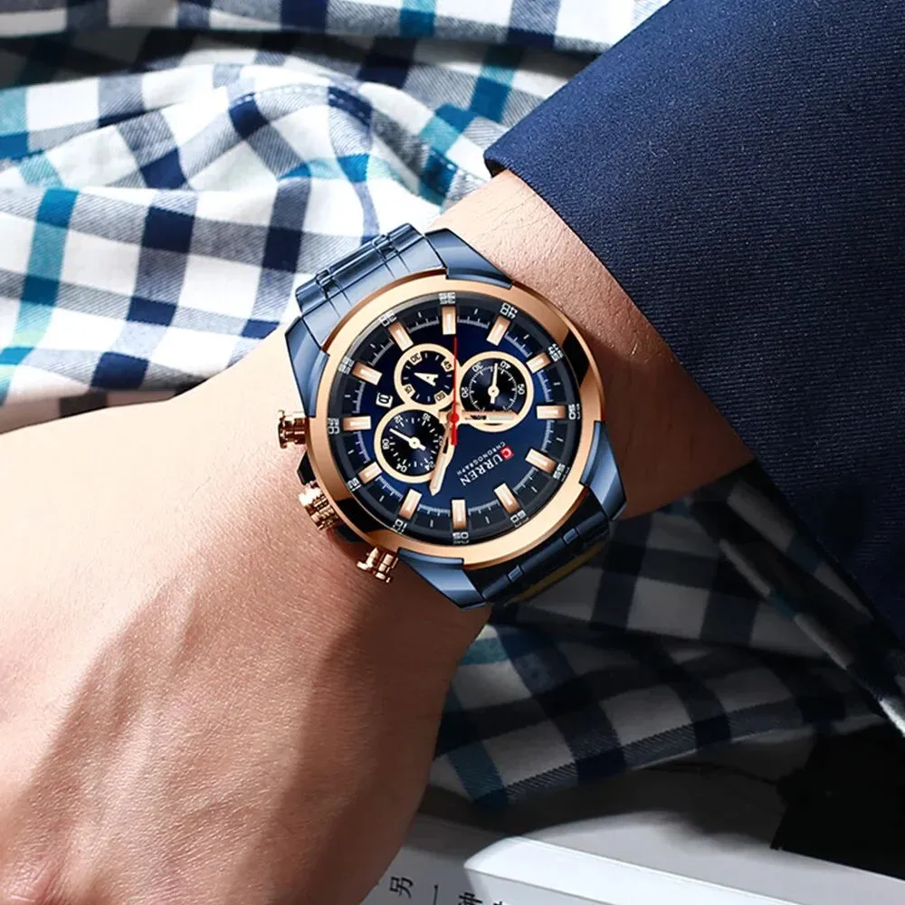 Casual Sporty Wristwatches Stainless Steel Band Chronograph Clock Men's Watches Original Quartz Clock Male