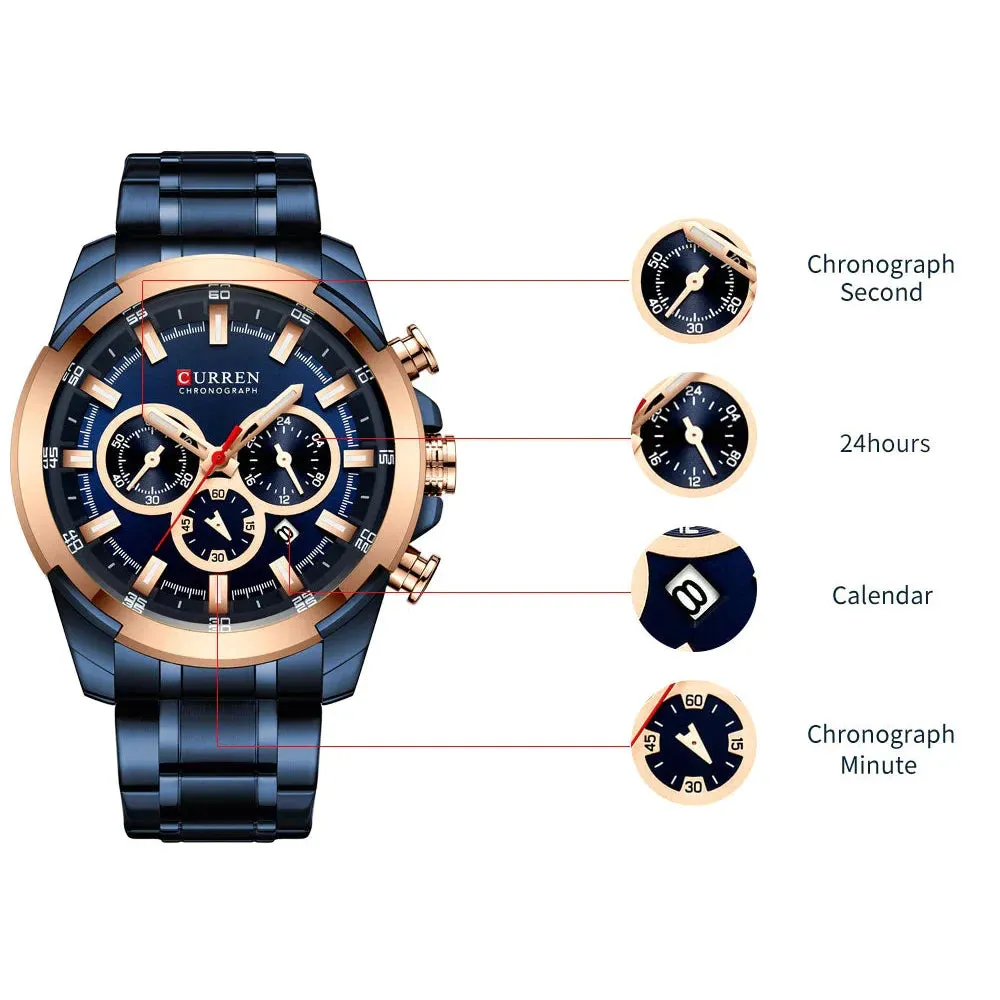 Casual Sporty Wristwatches Stainless Steel Band Chronograph Clock Men's Watches Original Quartz Clock Male