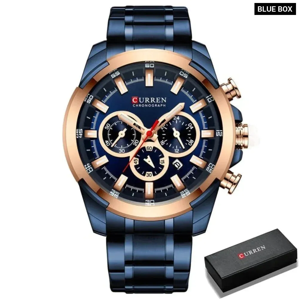 Casual Sporty Wristwatches Stainless Steel Band Chronograph Clock Men's Watches Original Quartz Clock Male