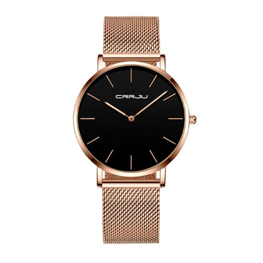 Crrju- 2185 Simple Dial Men Quartz Wrist Watch Waterproof Luxury Steel Man Watches 2021-pink- Black Dial