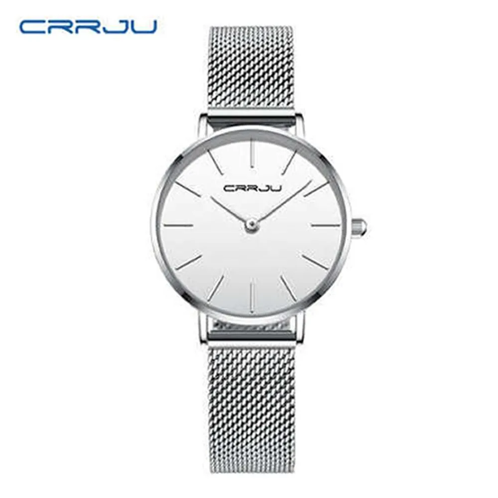 Crrju- 2185 Simple Dial Men Quartz Wrist Watch Waterproof Luxury Steel Man Watches 2021- White