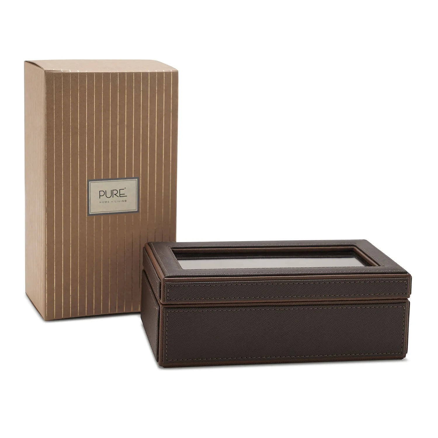 Dark Brown 3 Compartment Faux Leather Watch Box