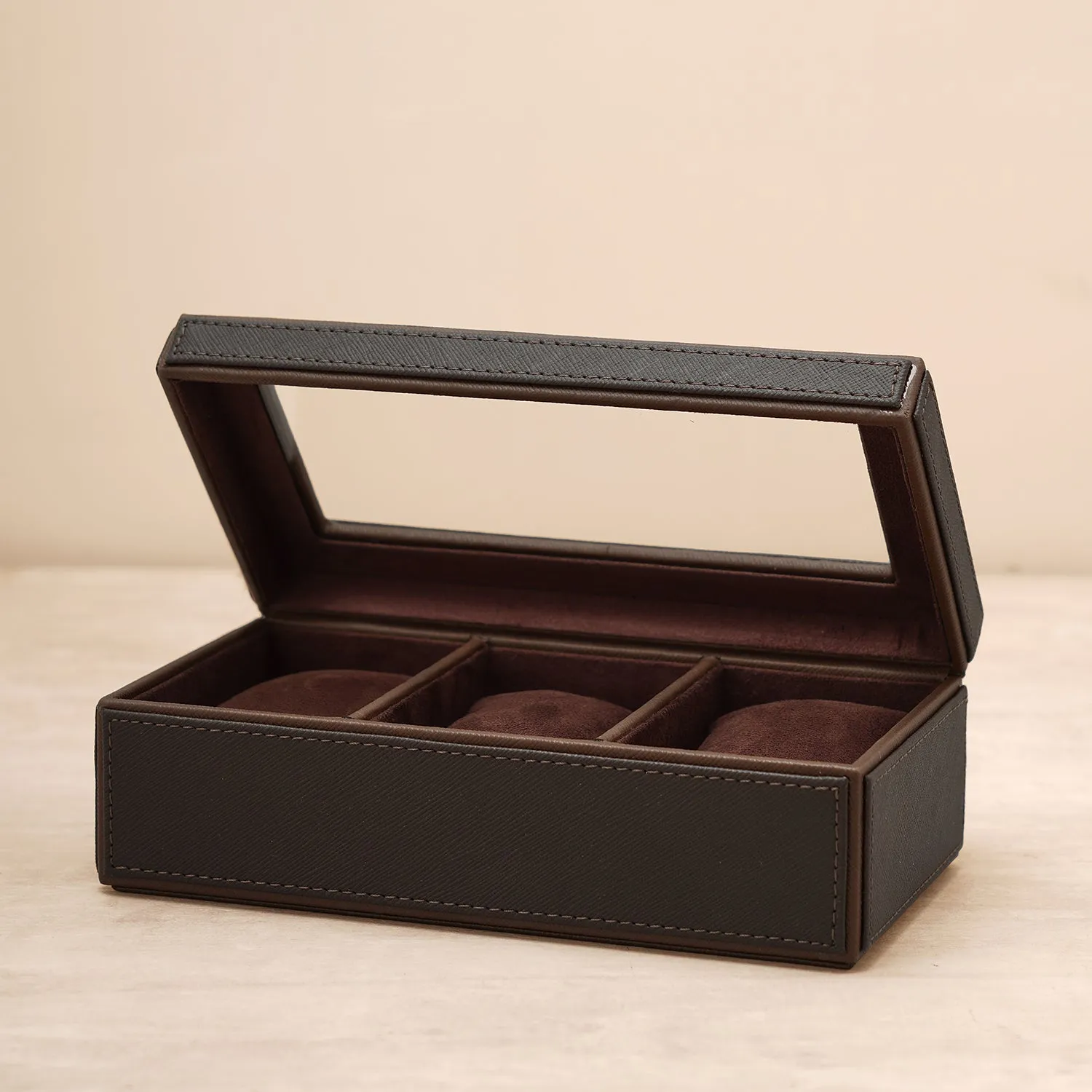 Dark Brown 3 Compartment Faux Leather Watch Box