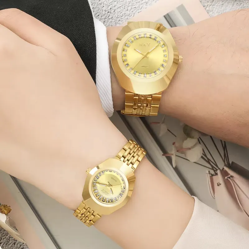 Elegant Golden Quartz Wristwatch for Him and Her - Stylish Full Steel Bracelet Timepiece Gift 2024