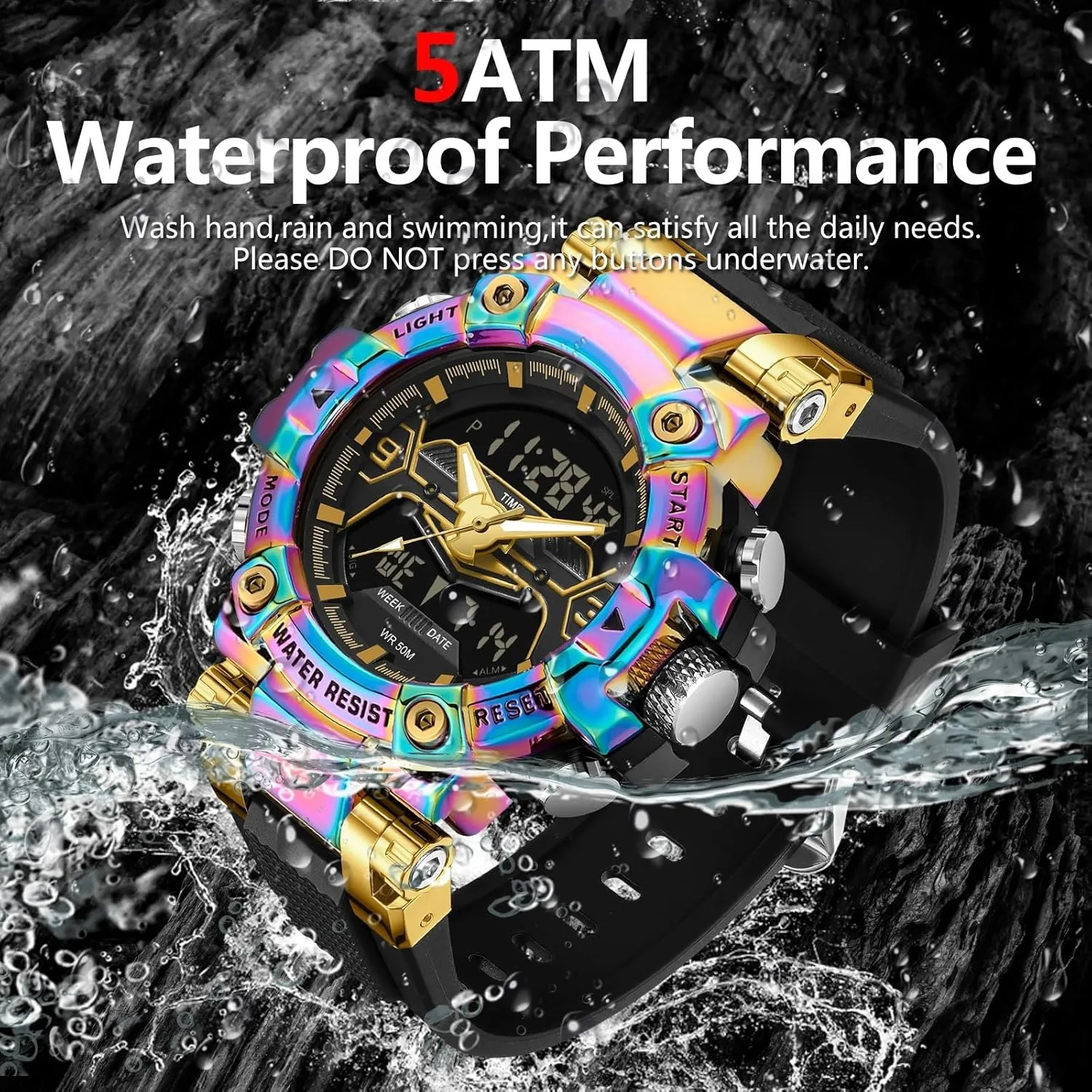 findtime Digital Watches for Men Tactical Sports 5ATM Waterproof Watch Digital Large Face LED Backlight Wristwatch Stopwatch Alarm Tactical Electronic Watch