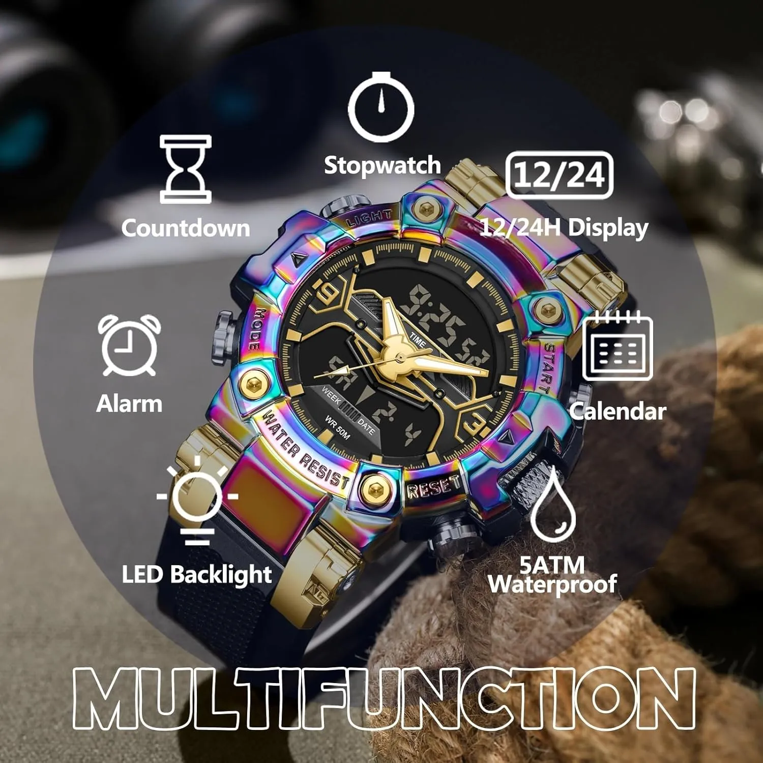 findtime Digital Watches for Men Tactical Sports 5ATM Waterproof Watch Digital Large Face LED Backlight Wristwatch Stopwatch Alarm Tactical Electronic Watch
