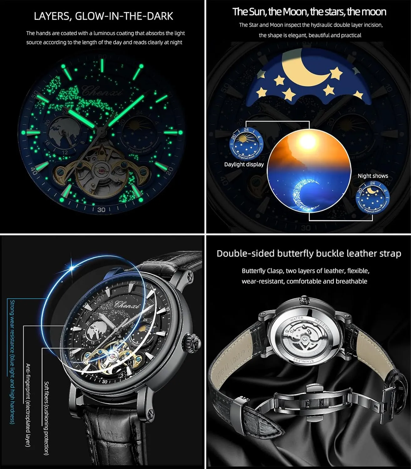 FORSINING Men's Watch Luminous Starry Sky with Moon Phase Tourbillon, Mechanical Automatic Self-Wind Fashion Watches, Stainless Steel Case Leather Belt Wristwatch