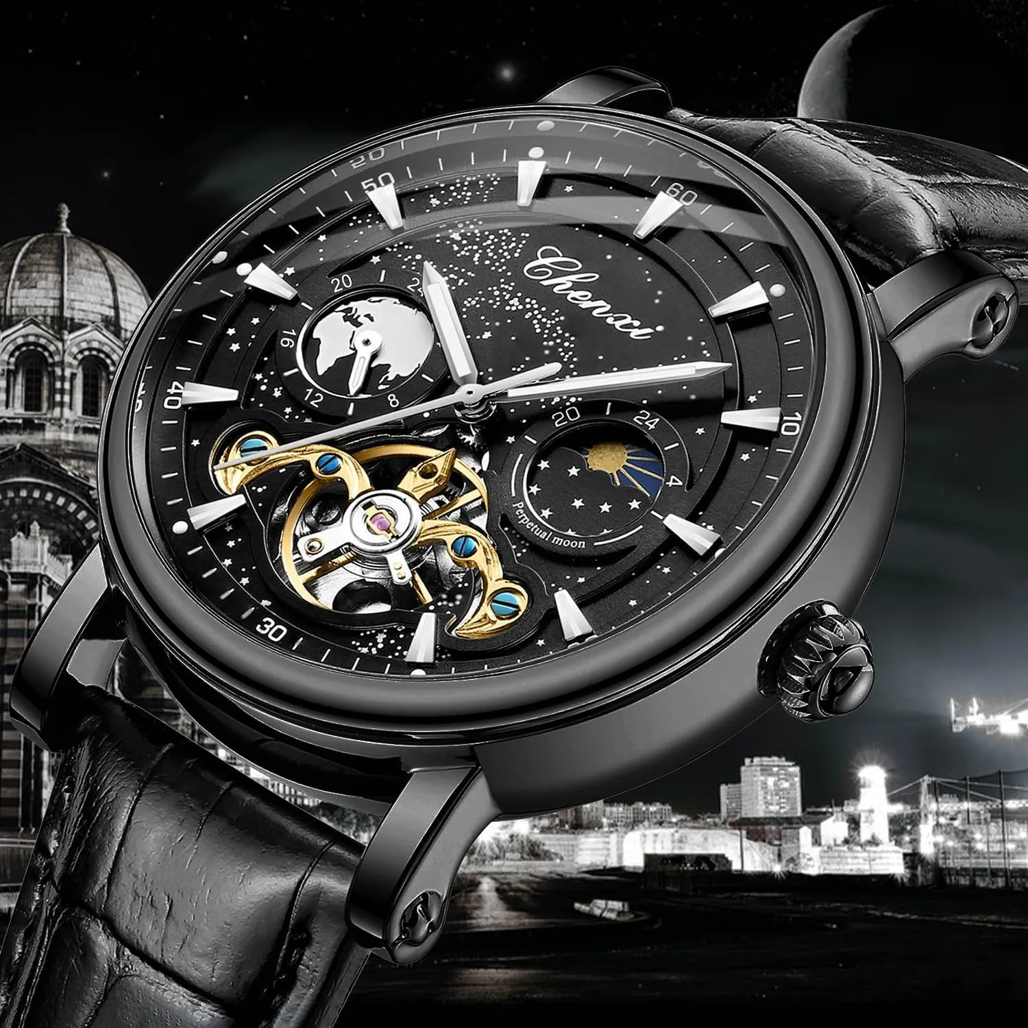 FORSINING Men's Watch Luminous Starry Sky with Moon Phase Tourbillon, Mechanical Automatic Self-Wind Fashion Watches, Stainless Steel Case Leather Belt Wristwatch