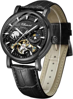 FORSINING Men's Watch Luminous Starry Sky with Moon Phase Tourbillon, Mechanical Automatic Self-Wind Fashion Watches, Stainless Steel Case Leather Belt Wristwatch