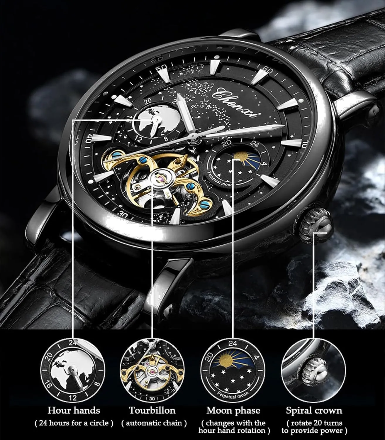 FORSINING Men's Watch Luminous Starry Sky with Moon Phase Tourbillon, Mechanical Automatic Self-Wind Fashion Watches, Stainless Steel Case Leather Belt Wristwatch