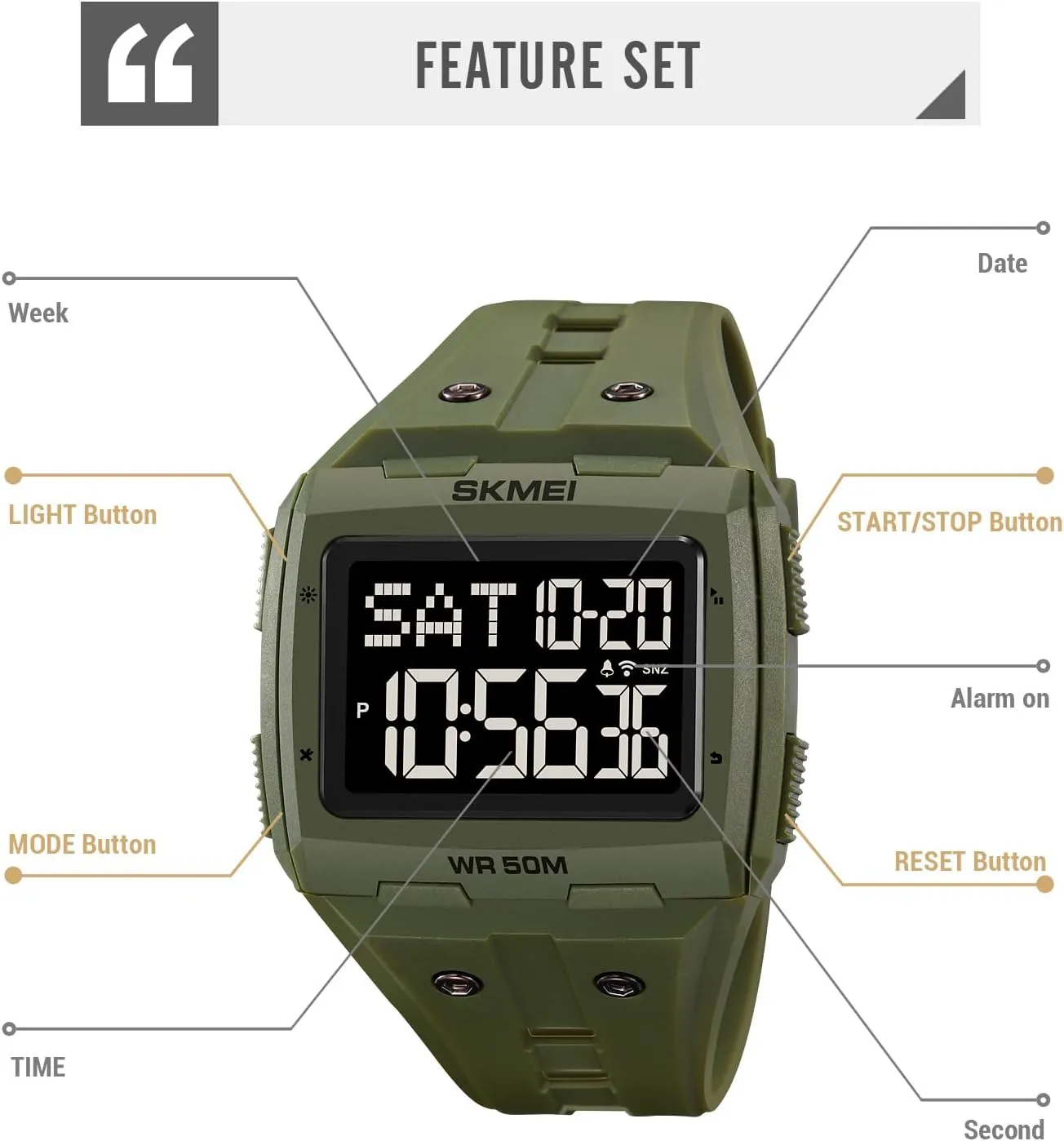 Gosasa Men Digital Watch Rectangle Large Face 5ATM Waterproof Easy to Read Military Watch Multifunctional Sports Watches Alarm Clock LED Digital Double Time Watch