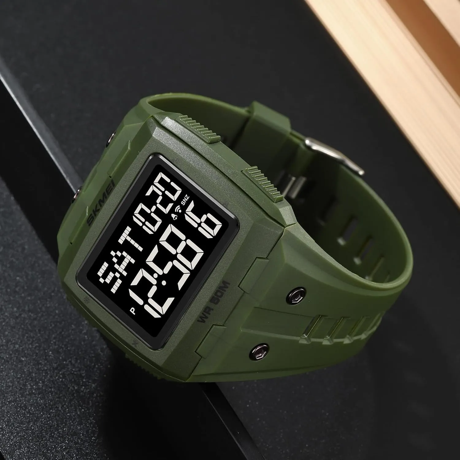 Gosasa Men Digital Watch Rectangle Large Face 5ATM Waterproof Easy to Read Military Watch Multifunctional Sports Watches Alarm Clock LED Digital Double Time Watch