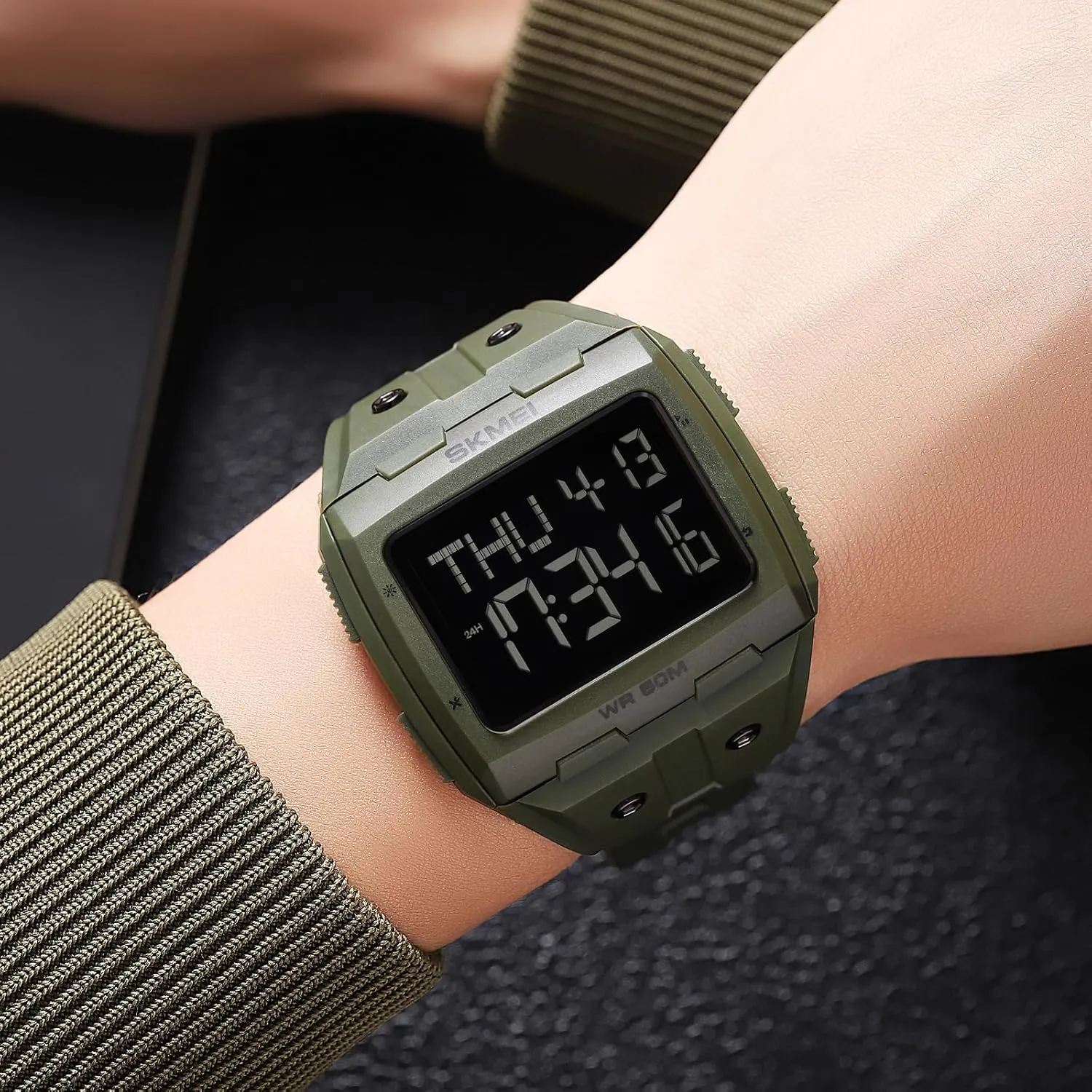 Gosasa Men Digital Watch Rectangle Large Face 5ATM Waterproof Easy to Read Military Watch Multifunctional Sports Watches Alarm Clock LED Digital Double Time Watch