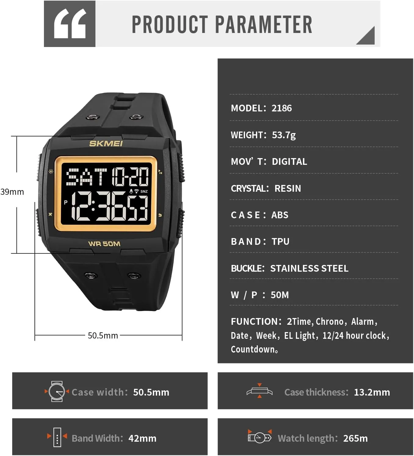 Gosasa Men Digital Watch Rectangle Large Face 5ATM Waterproof Easy to Read Military Watch Multifunctional Sports Watches Alarm Clock LED Digital Double Time Watch