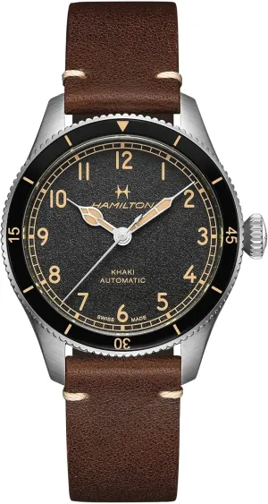 Hamilton Watch Khaki Aviation Pilot Pioneer | Swiss Made | 38mm Stainless Steel Case | Black Dial Analog Watch | Brown Leather Strap (Model: H76205530)