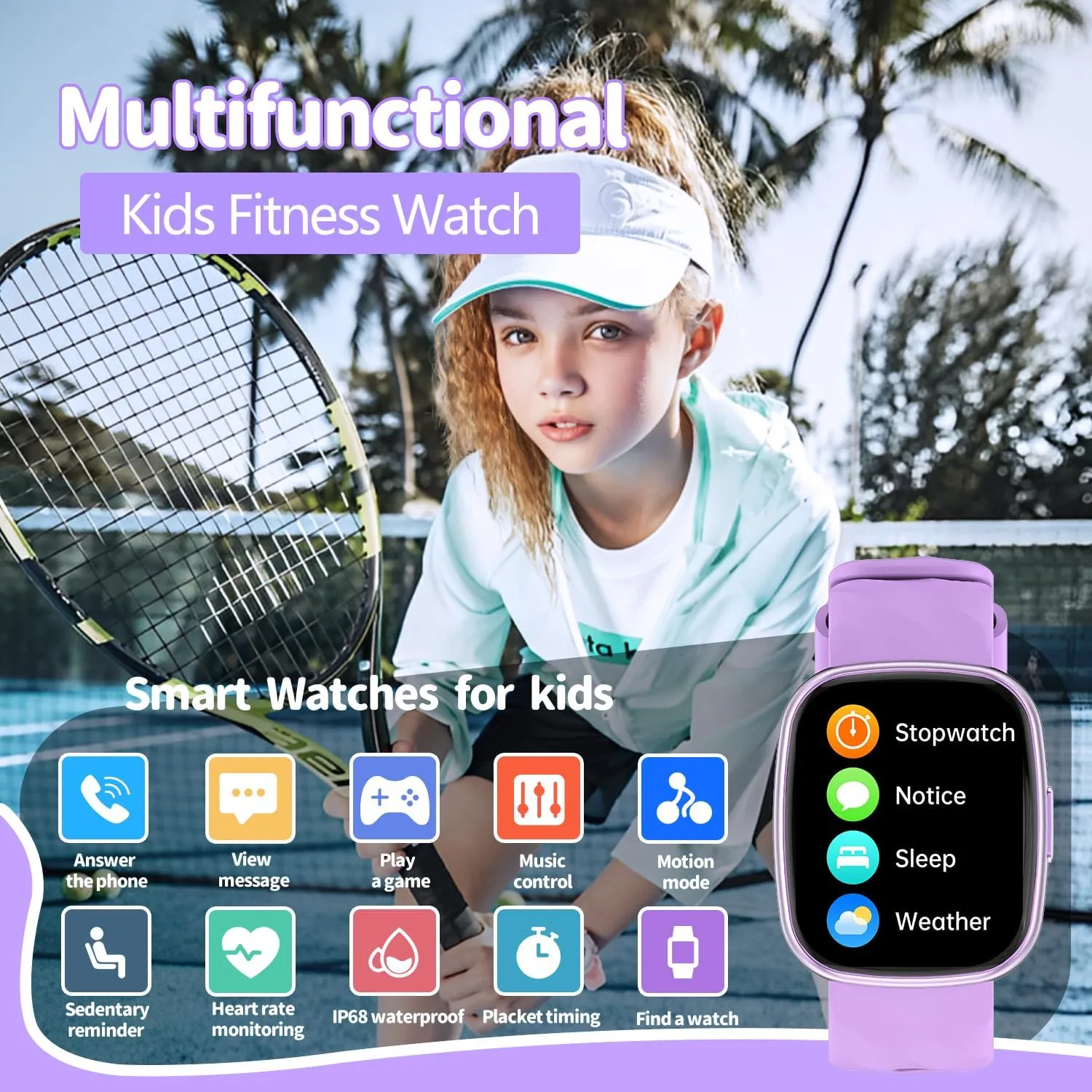 Kids Watch, Digital Watch for Boys Girls, IP67 Waterproof Games Fitness Tracker with 20  Sport Modes, Sleep Monitor, Music, Games, Great Sports Watches Gift for Teens Kids (Purple)