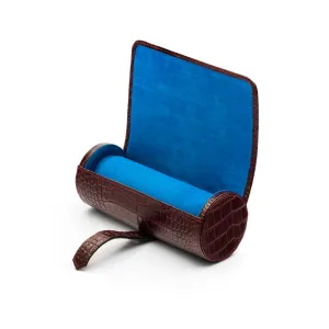 Large Leather Watch Roll - Burgundy Croc With Cobalt