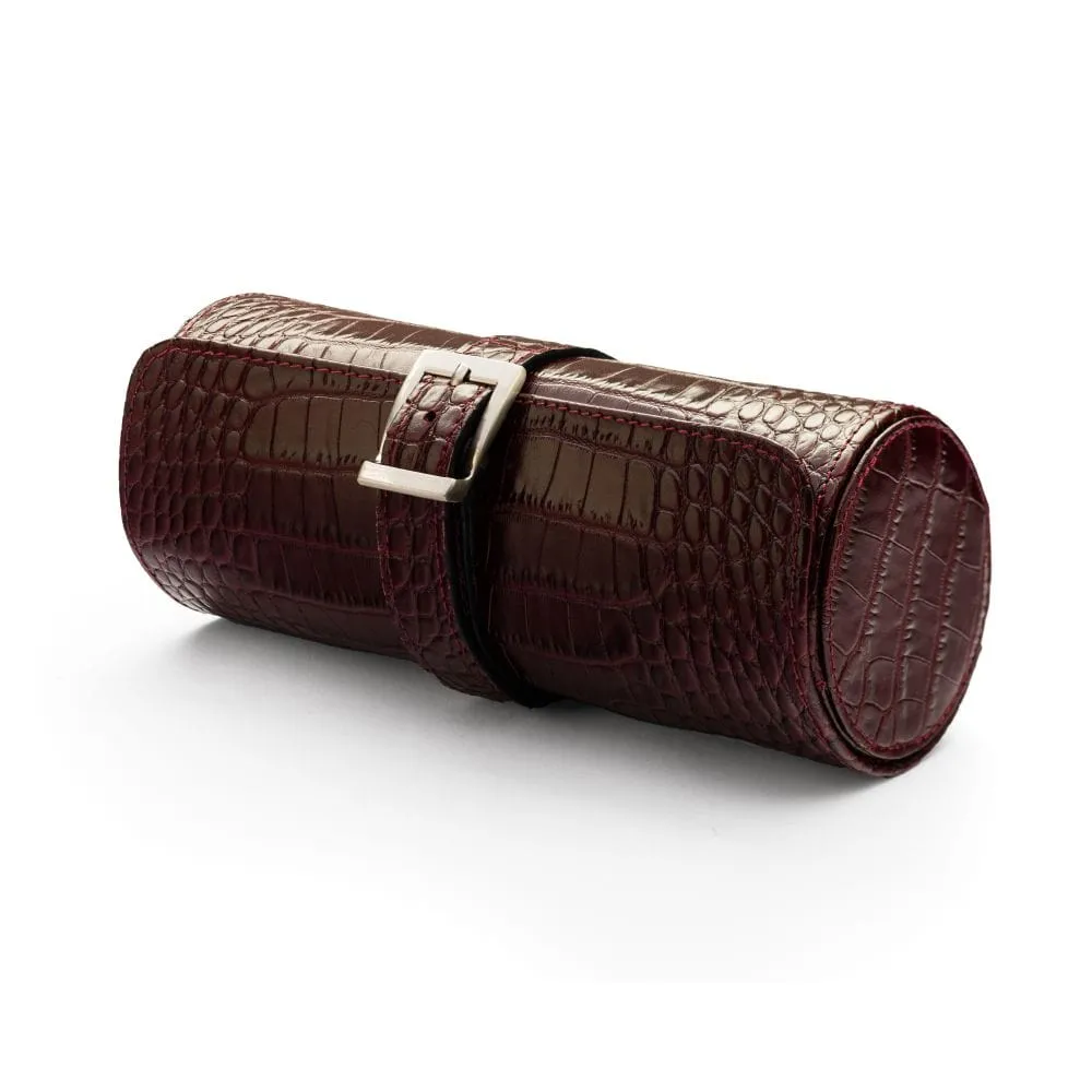 Large Leather Watch Roll - Burgundy Croc With Cobalt