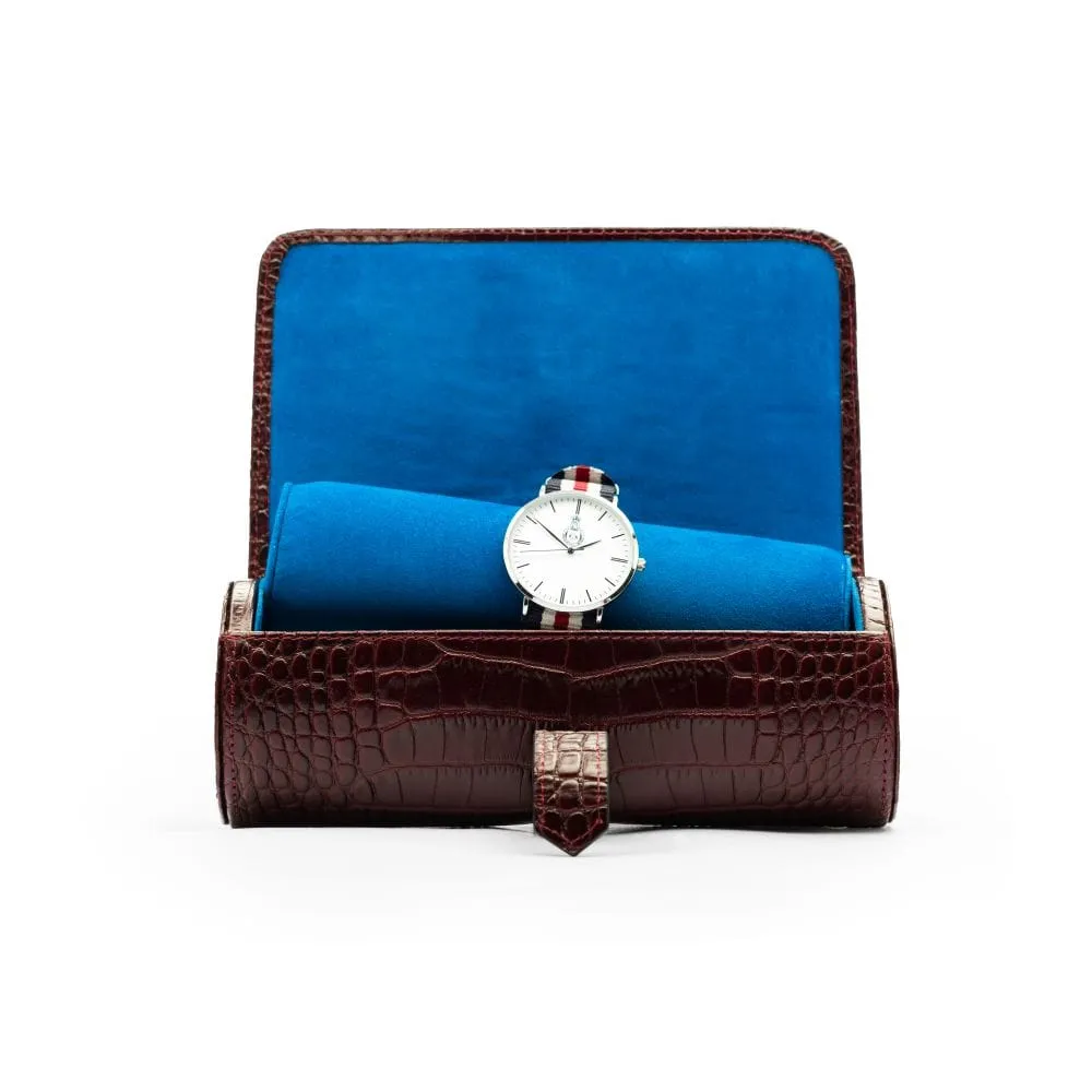 Large Leather Watch Roll - Burgundy Croc With Cobalt