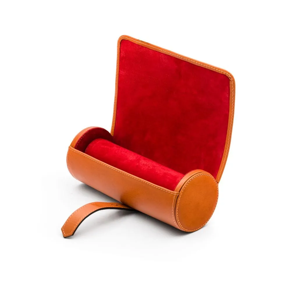 Large Leather Watch Roll - Orange With Red