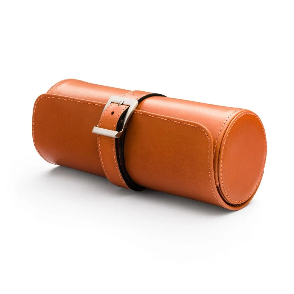 Large Leather Watch Roll - Orange With Red