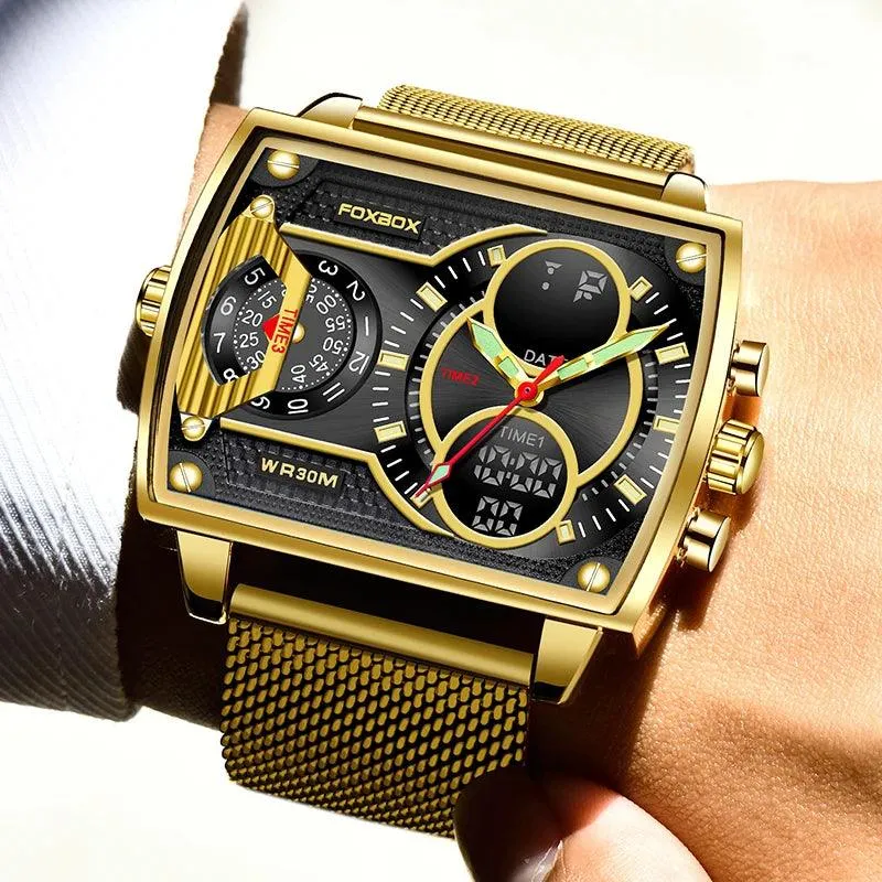 Men Watch Fashion Square Watch Men Casual Sports Waterproof Double Display Watch