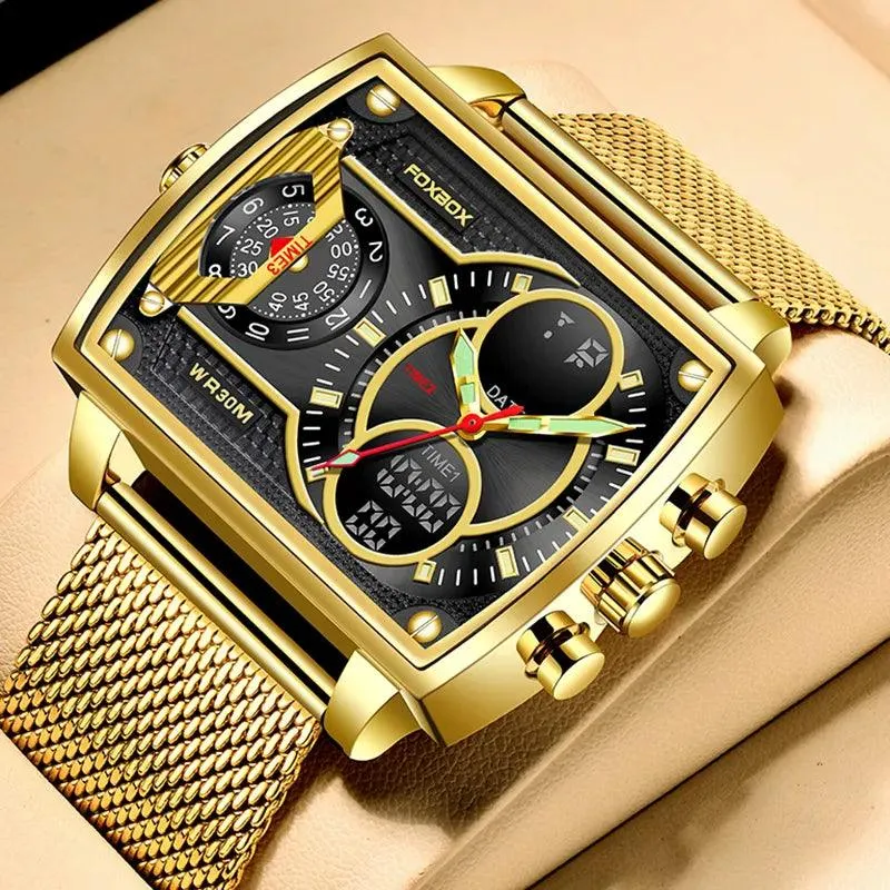 Men Watch Fashion Square Watch Men Casual Sports Waterproof Double Display Watch