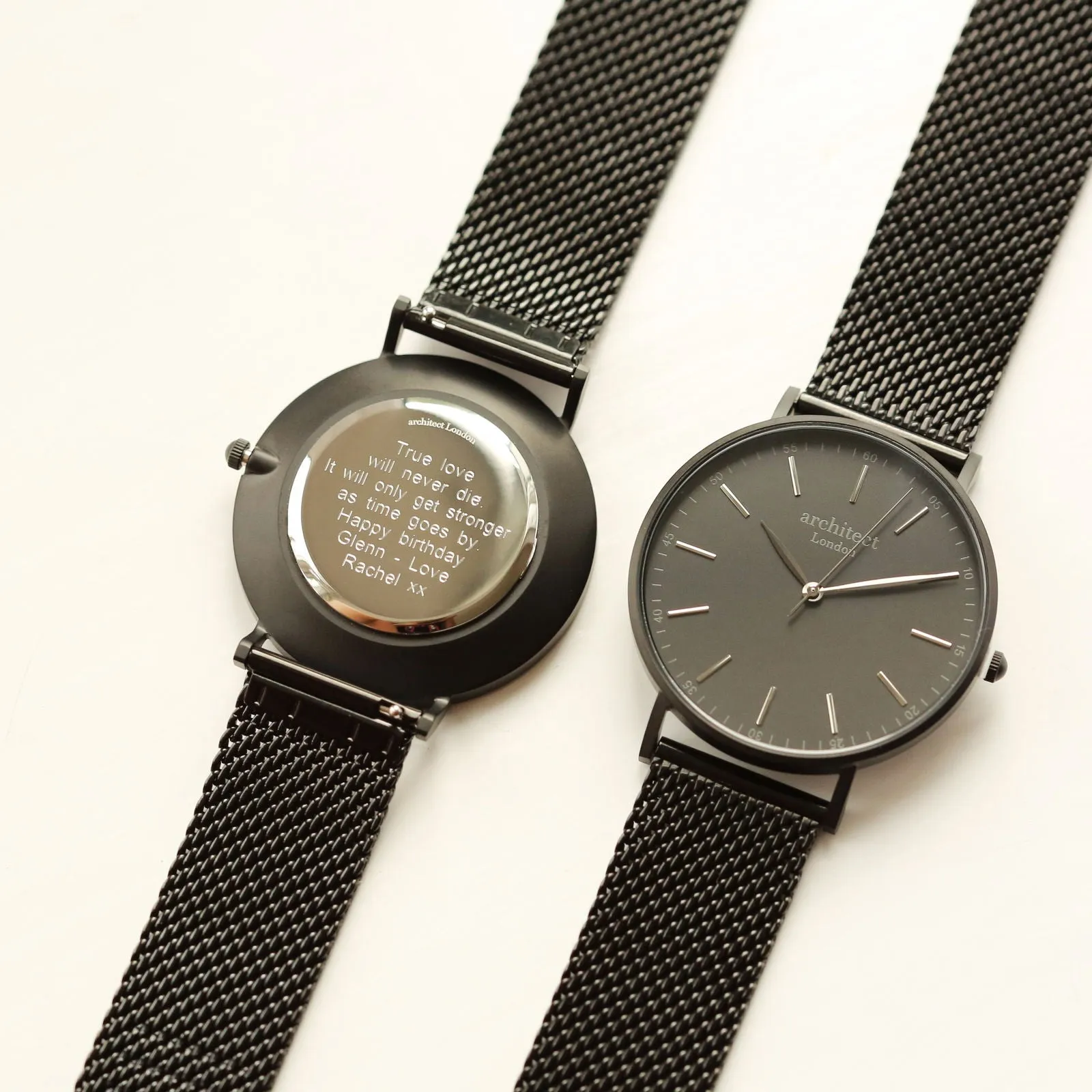 Men's Minimalist Engraved Watch In Pitch Black Mesh
