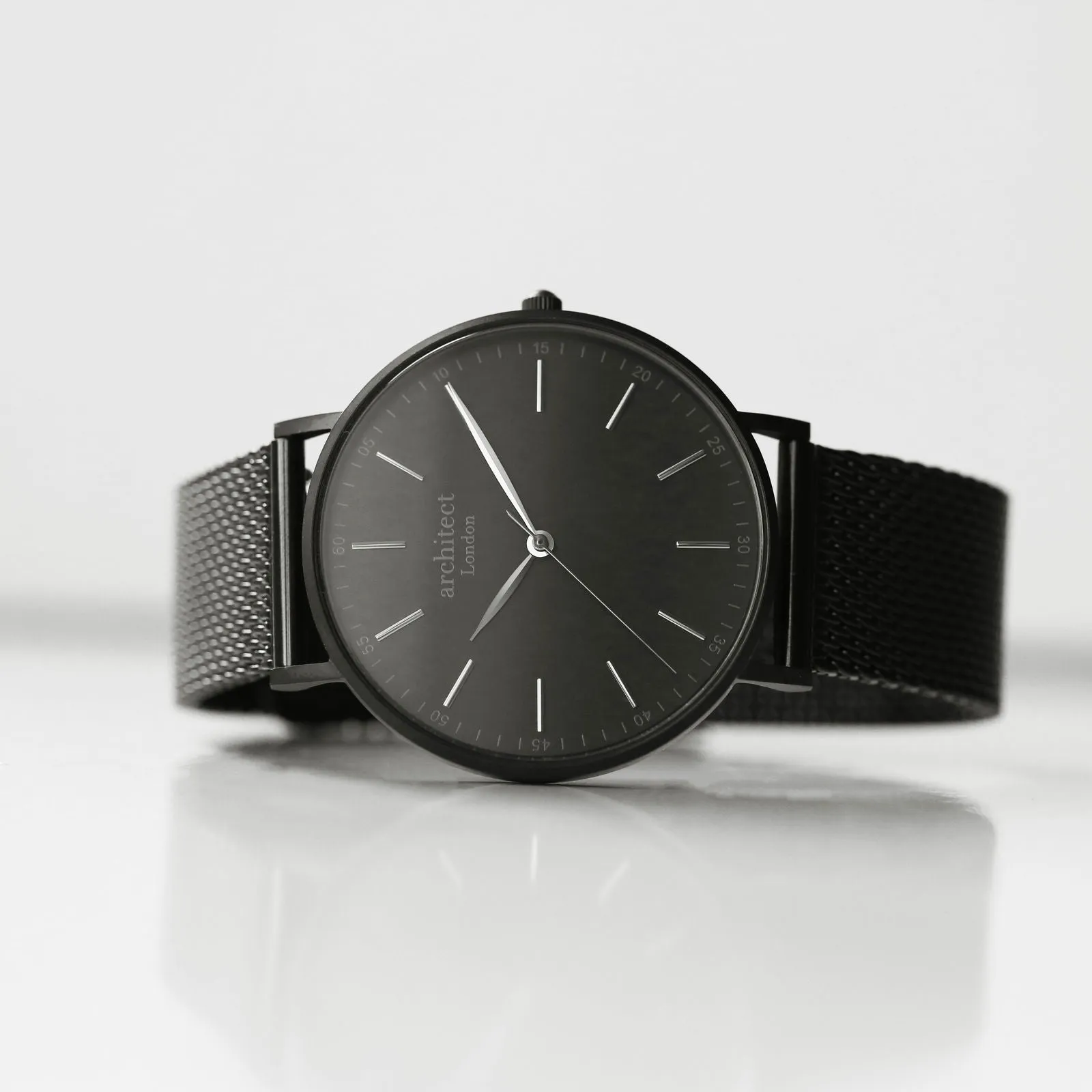 Men's Minimalist Engraved Watch In Pitch Black Mesh