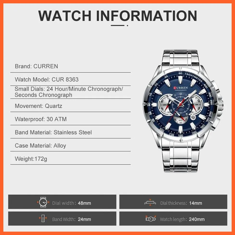 Mens Watches Top Brand Luxury Chronograph Quartz Men Watch Waterproof Sport Wrist Watch Men Stainless Steel Watch