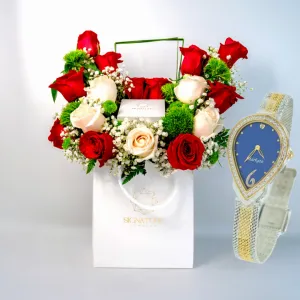 Mixed Flowers Arrangement with MARKATO Women Watch with Pear Shape with Blue Dial