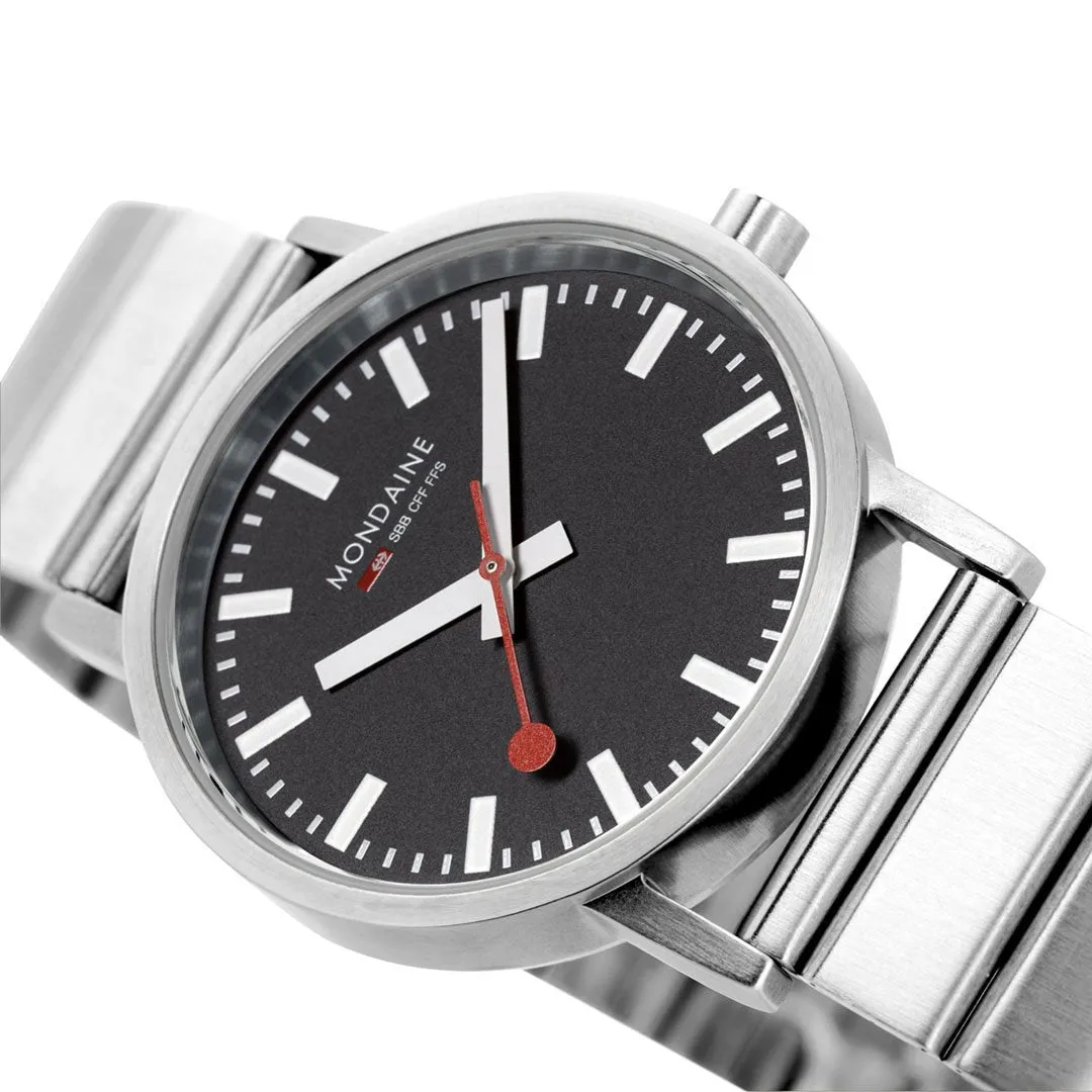 MONDAINE CLASSIC  SILVER BRUSHED BLACK DIAL WATCH WITH BRACELET STRAP A660.30360.16SBW