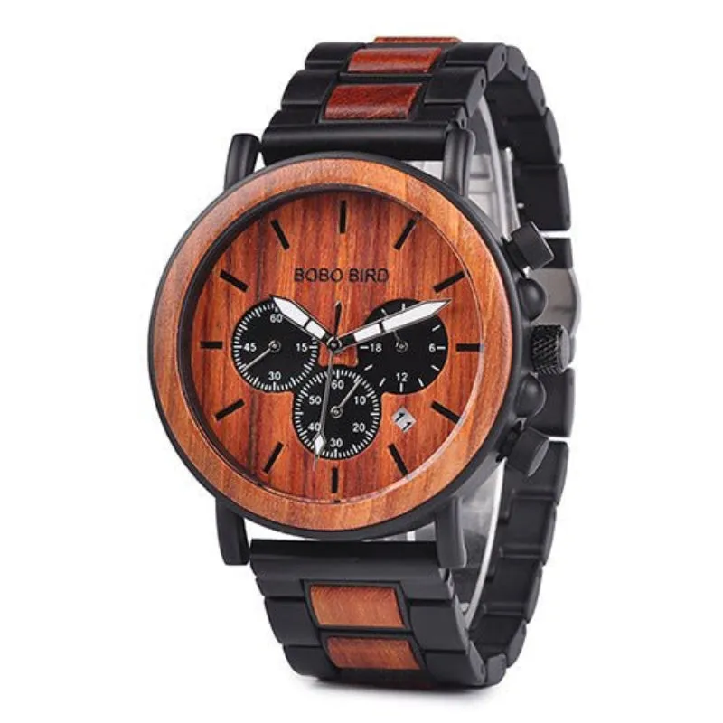 Multifunctional 10M Waterproof Men's Wooden Watch With Three Subdials