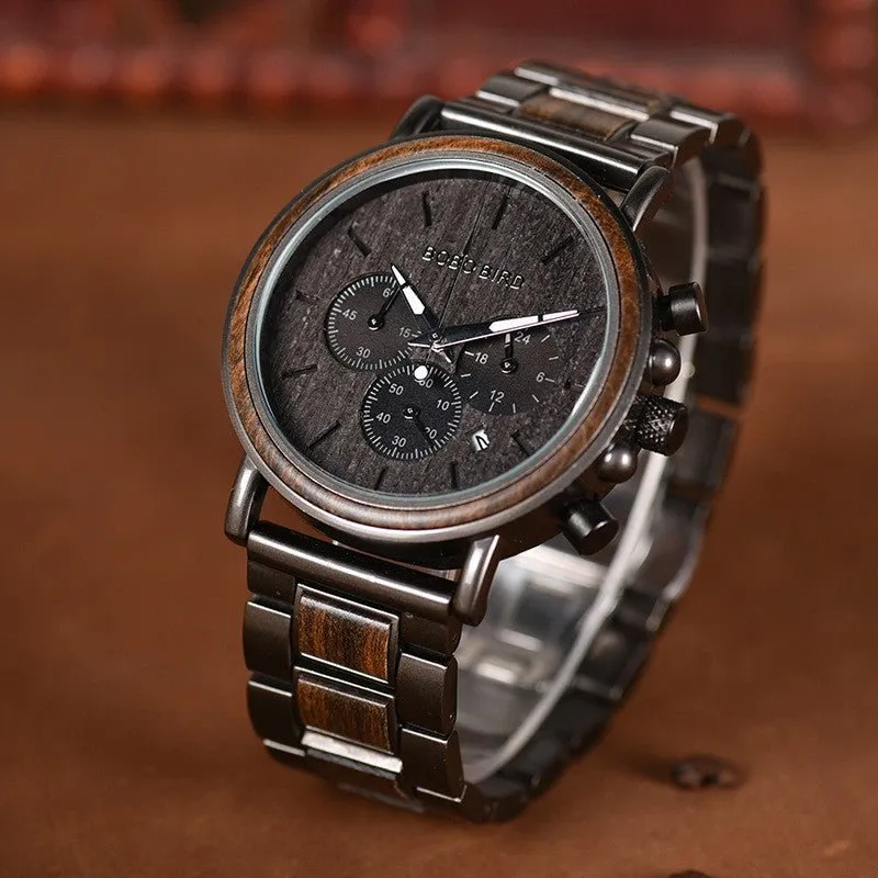 Multifunctional 10M Waterproof Men's Wooden Watch With Three Subdials