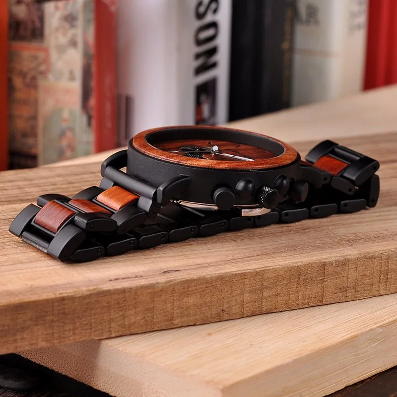 Multifunctional 10M Waterproof Men's Wooden Watch With Three Subdials