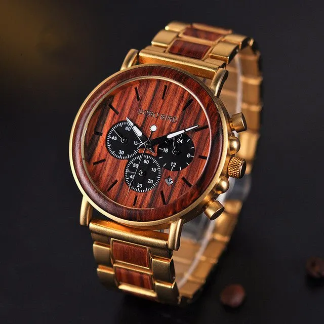 Multifunctional 10M Waterproof Men's Wooden Watch With Three Subdials