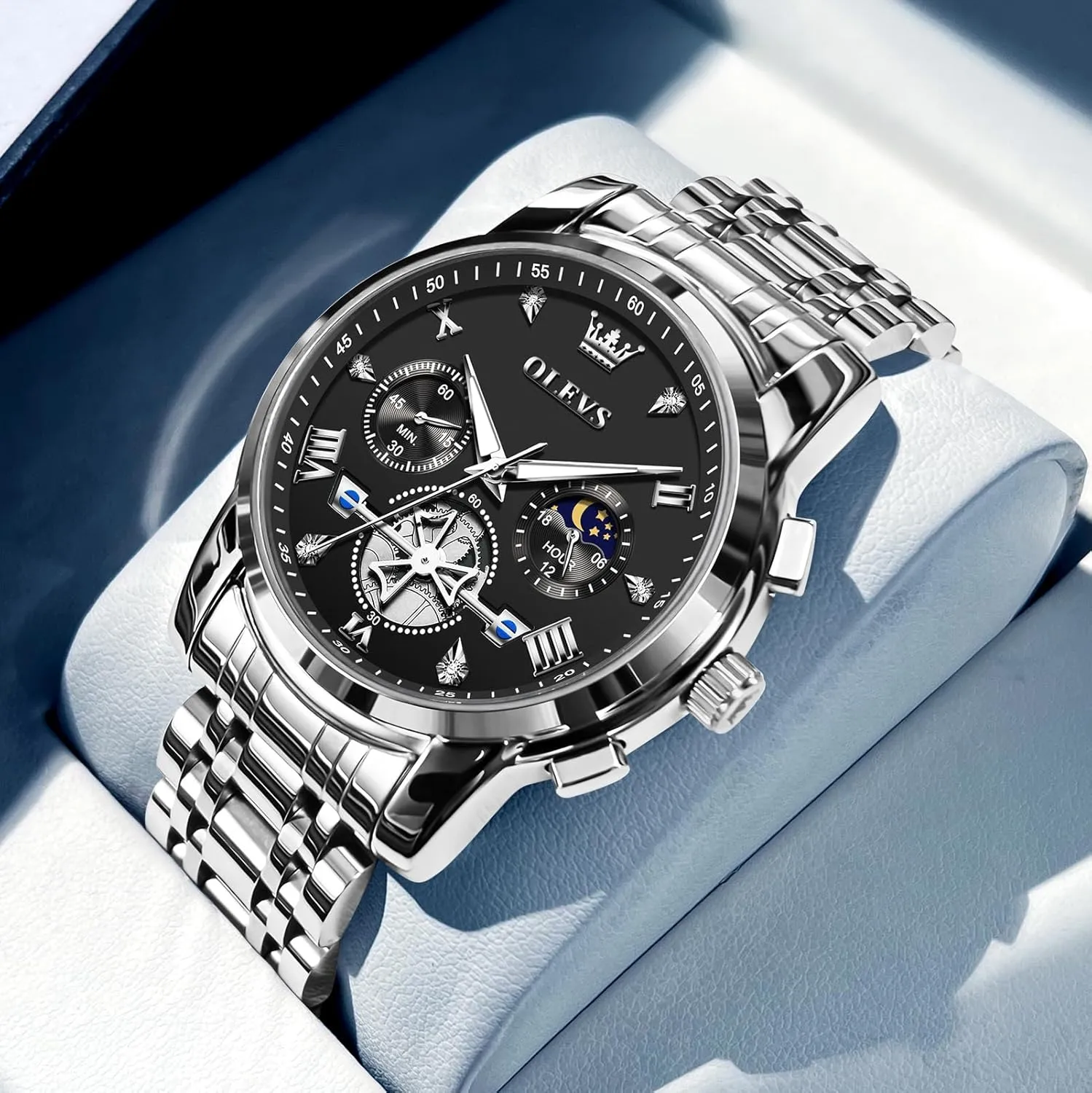 OLEVS Men's Stainless Steel Chronograph Watch, Large Face Easy to Read Roman Numerals Diamond Accented Analog Dress Watches for Men, Elegant Waterproof Luminous Male Quartz Wristwatch
