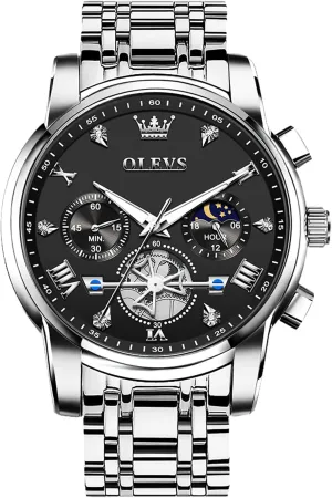 OLEVS Men's Stainless Steel Chronograph Watch, Large Face Easy to Read Roman Numerals Diamond Accented Analog Dress Watches for Men, Elegant Waterproof Luminous Male Quartz Wristwatch