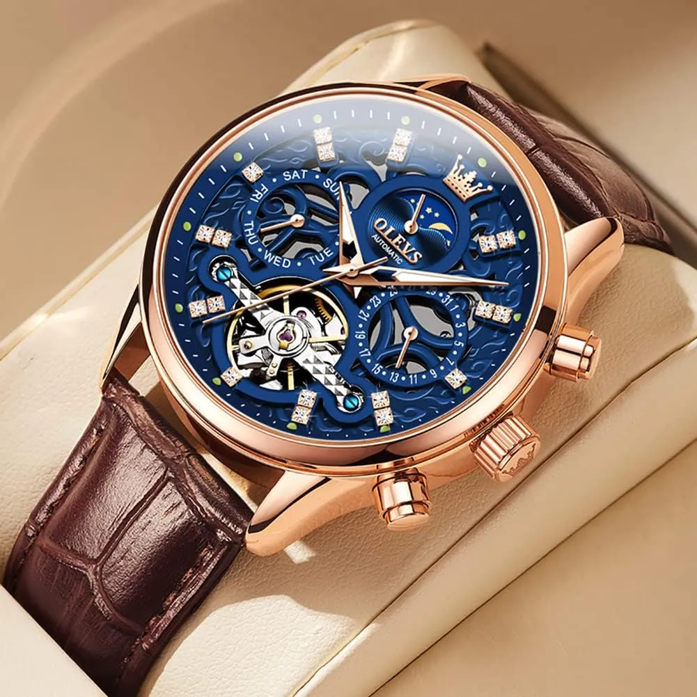 OLEVS Men's Watch Leather Skeleton Automatic Mechanical Tourbillon Calendar Moon Phase Luminous Waterproof Luxury Business Wristwatch