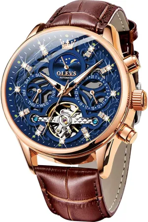 OLEVS Men's Watch Leather Skeleton Automatic Mechanical Tourbillon Calendar Moon Phase Luminous Waterproof Luxury Business Wristwatch