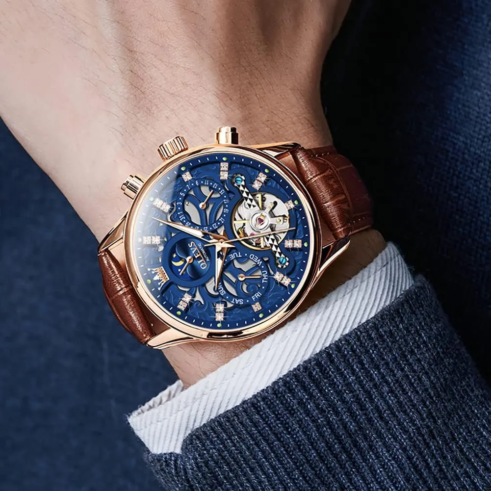 OLEVS Men's Watch Leather Skeleton Automatic Mechanical Tourbillon Calendar Moon Phase Luminous Waterproof Luxury Business Wristwatch