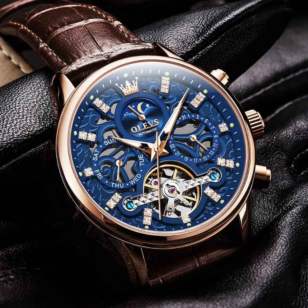 OLEVS Men's Watch Leather Skeleton Automatic Mechanical Tourbillon Calendar Moon Phase Luminous Waterproof Luxury Business Wristwatch