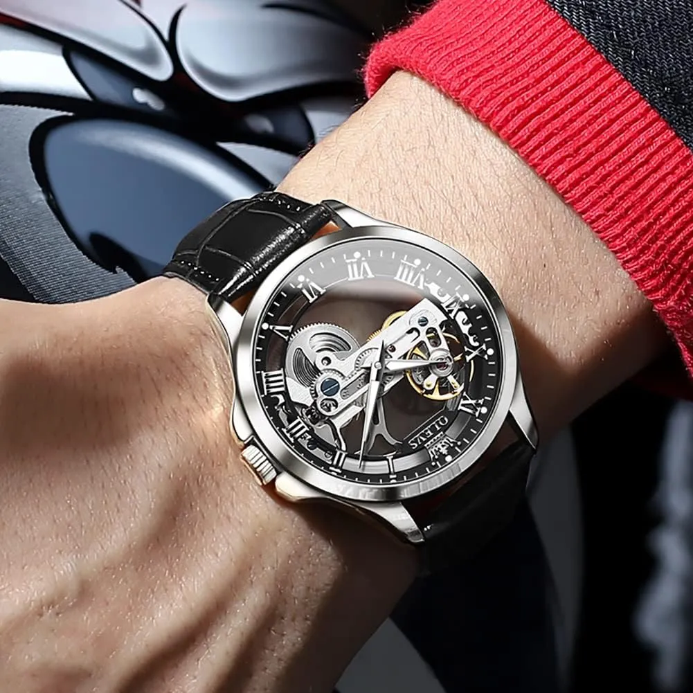 OLEVS Skeleton Watches for Men Automatic Self Winding Mechanical Luxury Dress Leather Waterproof Luminous Men Wrist Watch