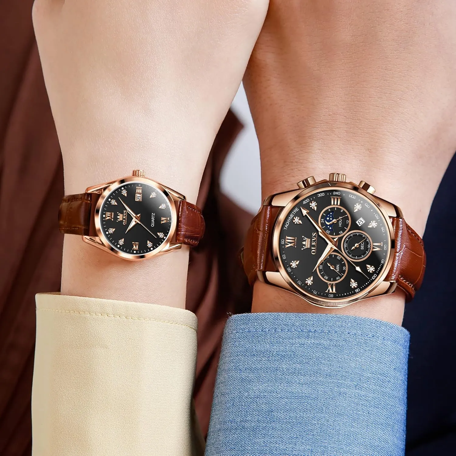 OLEVS Valentines Couple Pair Quartz Watches His and Her Couple Set Leather Chronograph Diamond Wrist Watch Men Women Lovers Wedding Romantic Gifts Set of 2