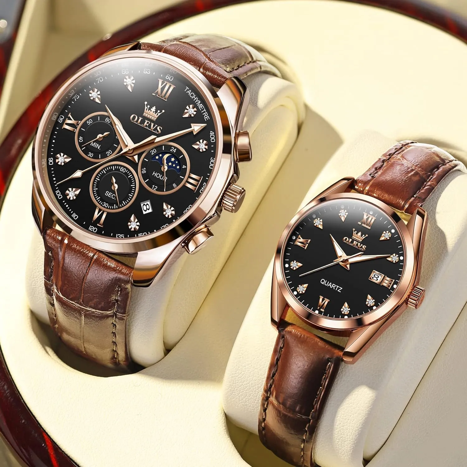 OLEVS Valentines Couple Pair Quartz Watches His and Her Couple Set Leather Chronograph Diamond Wrist Watch Men Women Lovers Wedding Romantic Gifts Set of 2