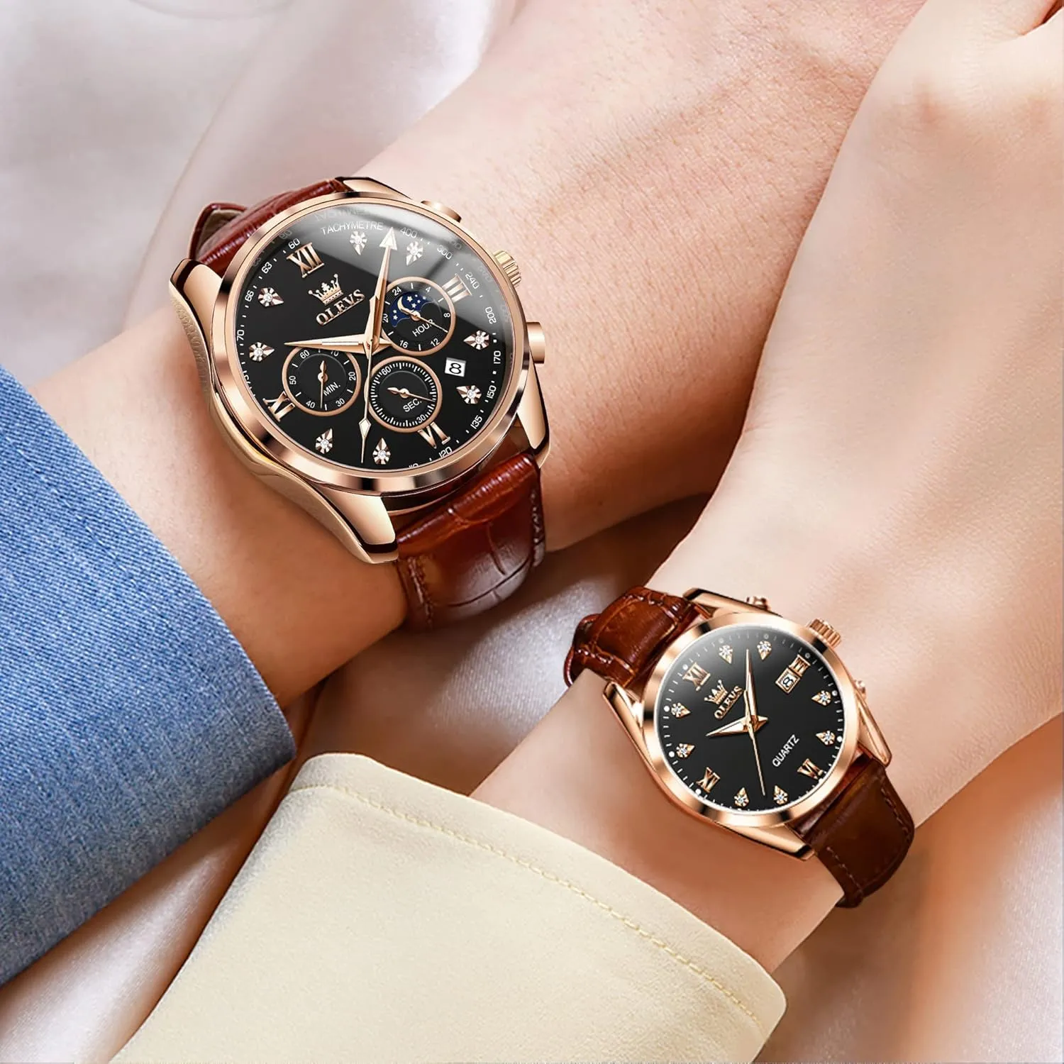 OLEVS Valentines Couple Pair Quartz Watches His and Her Couple Set Leather Chronograph Diamond Wrist Watch Men Women Lovers Wedding Romantic Gifts Set of 2