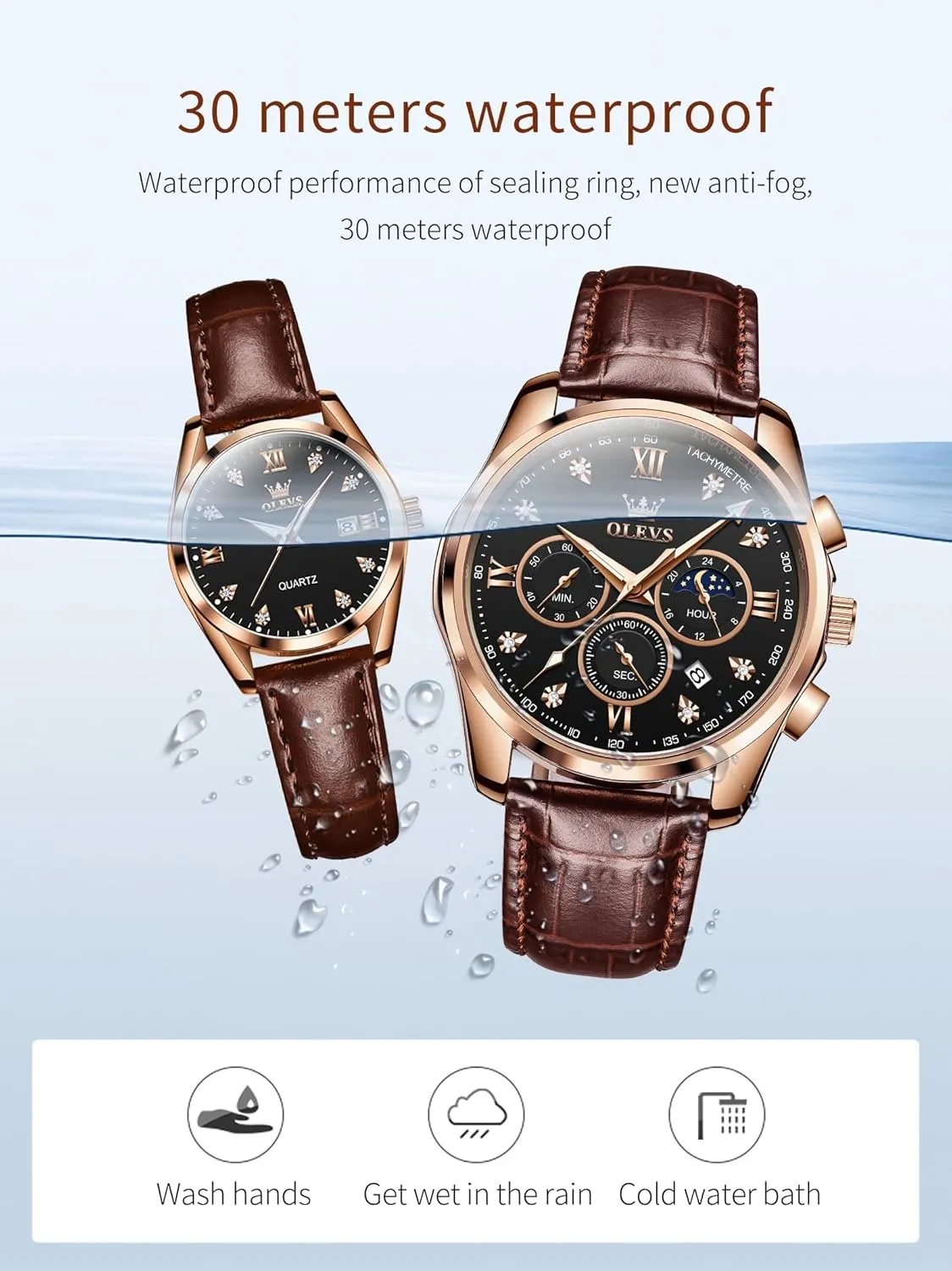 OLEVS Valentines Couple Pair Quartz Watches His and Her Couple Set Leather Chronograph Diamond Wrist Watch Men Women Lovers Wedding Romantic Gifts Set of 2