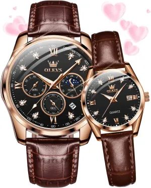 OLEVS Valentines Couple Pair Quartz Watches His and Her Couple Set Leather Chronograph Diamond Wrist Watch Men Women Lovers Wedding Romantic Gifts Set of 2