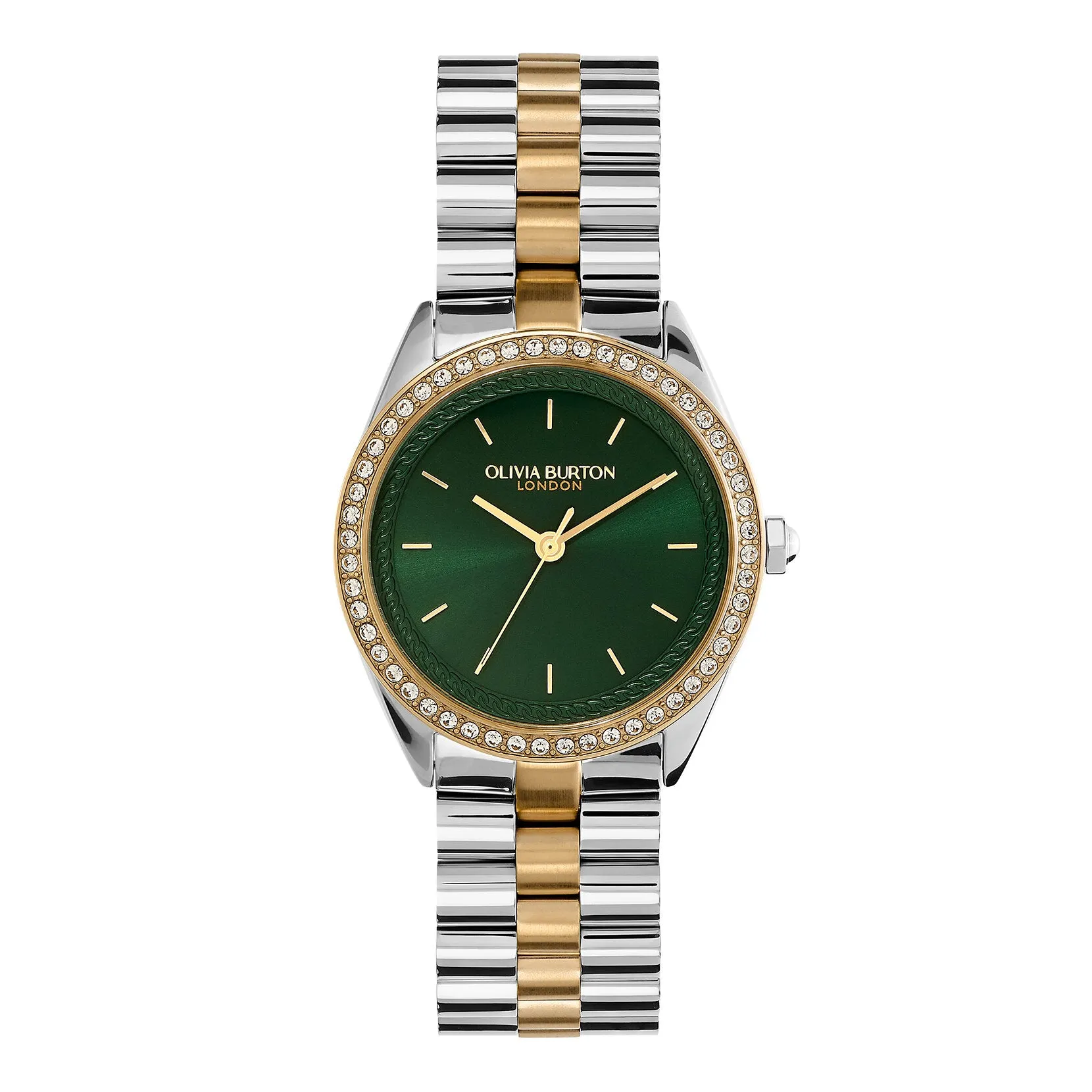 Olivia Burton Sports Luxe 34mm Bejewelled Forest Green & Two Tone Bracelet Watch
